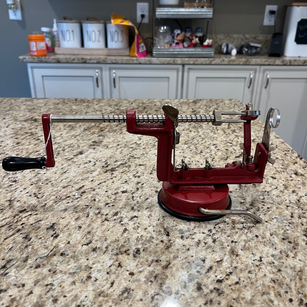 Vintage Red Cast Metal Apple Peeler Corer Slicer Manual Hand Crank Suction Base